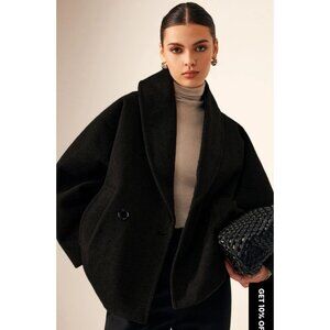 COMMNSE Womens Black Shawl Collar Double-Breasted Wool Blend Coat With Pockets S